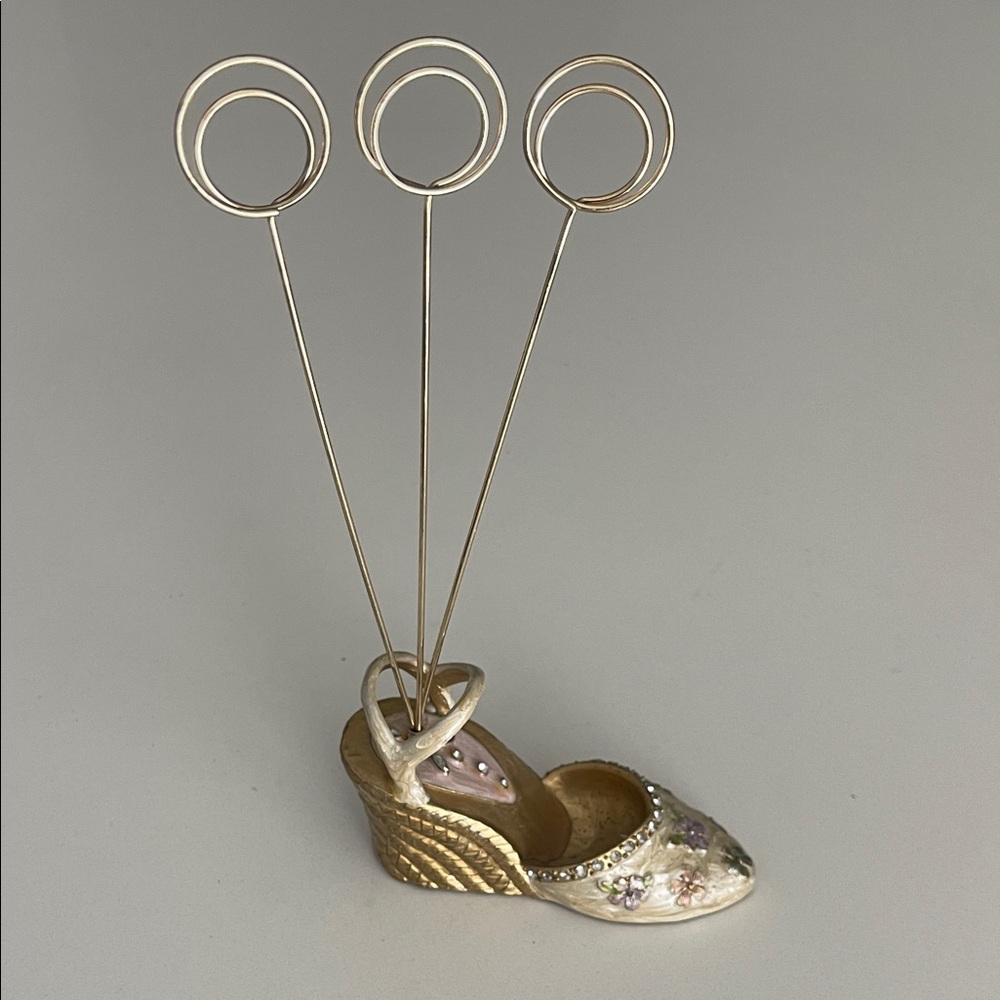 Stylish Gold Ceramic Shoe Photo Holder with Floral and Rhinestone Accents
